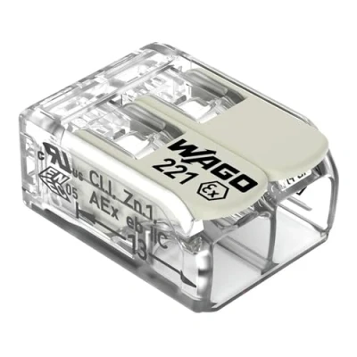Image of WAGO Compact Splicing Connector, for all conductor types, Ex e applications, max. 6 mm², 2 conductor, with levers, transparent housing, Operating temperature (max.), 105 C, 221 682 (50 Pcs)