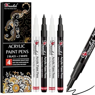 Image of Drawlish Acrylic Paint Pens, Black &amp; White Pen Set of 4 Glass Markers 0.7mm Extra Fine Tip Ideal for Wood, Fabric, Porcelain, Ceramic, Stone, Rock Painting and more