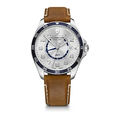 Image of Victorinox Men’s Watch Fieldforce Classic GMT Ø 42 mm, Swiss Made, Analogue Quartz, Water Resistant up to 100 m, Leather Strap, Silver White/Brown