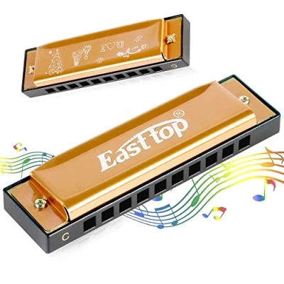 Image of East top blues Harmonica, Diatonic harmonica Key of C 10 Holes 20 Tones Mouth Organ harp For Adults, Kids, Beginners, Professionals and Students (T10 4 Gold), as a gift