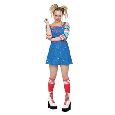 Image of Smiffys Chucky Costume for Adults, Pinafore Mini Dress and Top, Officially Licensed, Off the Shoulder Striped Ideal Halloween Matching Family or Pet Fancy