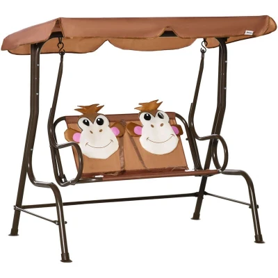 Image of Outsunny 2 Seater Kids Garden Swing Seat, Children Outdoor Patio Lounge Chair for Gardens w/Adjustable Awning, Seatbelt, Monkey Pattern Brown