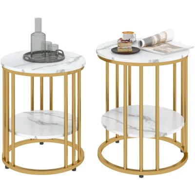 Image of HOMCOM Round Coffee Table Set of 2, Marble Effect Side Tables with Storage Open Shelf and Steel Frame for Living Room, Bedroom, Gold Tone
