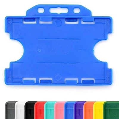 Image of CKB LTD 100x Twin Blue Double Sided Rigid Slide in Open Faced ID Card Badge Holders Horizontal Landscape Dual Identity Plastic Pass Protector Holds Two Cards 86mm 54mm cr80 Credit Sized