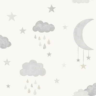 Image of Jack &#039;N Rose Clouds and Stars Children&#039;s Wallpaper White Grey Textured Modern Nursery Bedroom Paste The Wall Vinyl