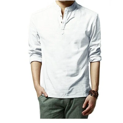 Image of HOEREV Brand Men Casual Long Sleeve Linen Shirts Beach Shirts, White, M
