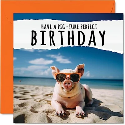 Image of Funny Birthday Cards for Women Men Pig ture Perfect Happy Card Brother Sister Son Daughter Nephew Niece, 145mm x Joke Humour Banter Bday Greeting