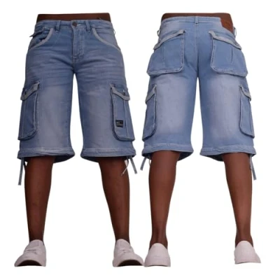 Image of Men&#039;s Basic Cargo Bermuda Shorts Baggy Three Quarter Knee Length Jeans Light Wash 34W