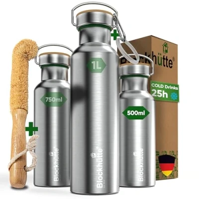 Image of Blockhütte Stainless Steel Water Bottle I 500ml Insulated Metal Flask, BPA Free, Leakproof, Dishwasher Safe, Ideal for Gym, Travel, Home Use, Cold Drinks, Reusable, with Cleaning Brush
