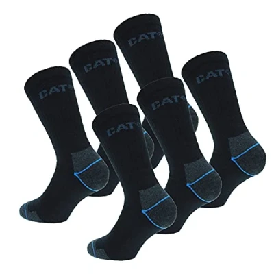 Image of 6 Pair CATERPILLAR Work Socks for Men in Coolmax, double reinforcement on toe and heel, Excellent Quality Yarns Cotton Sponge Lycra fiber (Black, 9)