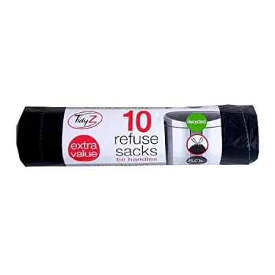 Image of TidyZ 10 x Extra Strong Swing Bin Liners with Tie Handles Refuse Sacks Black 50 Litres 94 120cm (10 Bags)