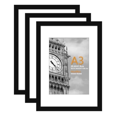 Image of HoziRes A3 Picture Frame Black, Wooden Frames with A4 Mount, Set of 3 Photo for Tabletop and Wall Mounting, 41.9 x 29.6 cm Poster Portrait, Printing