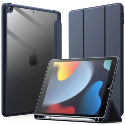 Image of JETech Case for iPad 10.2 Inch (9th/8th/7th Generation, 2021/2020/2019) with Pencil Holder, Clear Transparent Back Shell Slim Stand Shockproof Tablet Cover, Auto Wake/Sleep (Deep Navy)