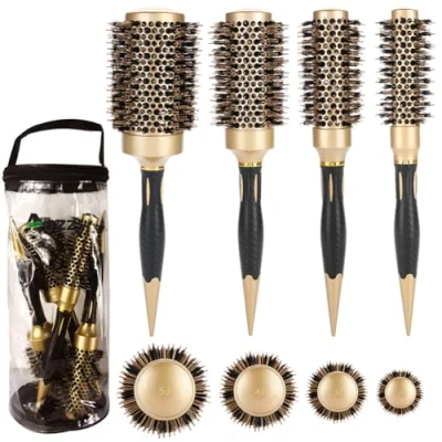 Image of Aozzy Round Hair Brush for Blow Drying Professional Pottery Lonic Barrel Styling Curling/Straight Women Boar Bristle Hairbrush Set
