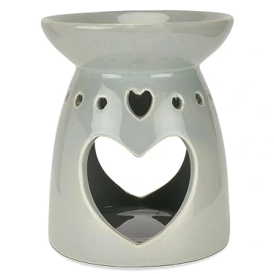 Image of Ceramic Wax Warmer With Grey Cut Out Hearts Design Tea Light Holder Melter Oil Burner 17cm x 13cm Housewarming Gift
