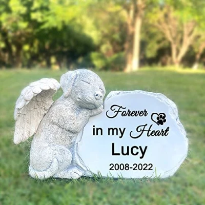 Image of CUDMORERBE Personalized Pet Dog Memorial Stone With A Sleeping Angel Statue, Grave Markers, Headstone Tombstone Forever in my hearts