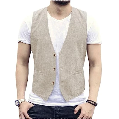 Image of AeoTeokey Men&#039;s Summer Linen Vest Suit Casual Regular Fit, beige, L