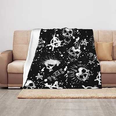 Image of ASEELO 125x100cm Blanket White Punk Skull Fleece Sofa Throw for Bed and Couch Travel