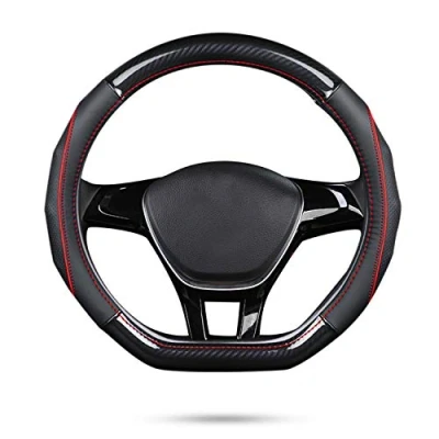 Image of Ergocar Car Steering Wheel Cover Non slip Protector Sport D shape Carbon Fiber &amp; First Layer Cowhide Universal For Diameter 38cm(15&quot;) (D Black red)