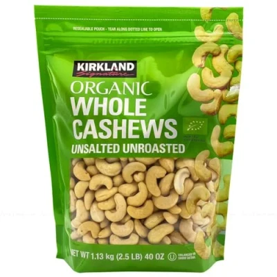 Image of Kirkland Signature Organic Whole Cashews Unsalted Unroasted Nuts Bag Pack 1.13kg