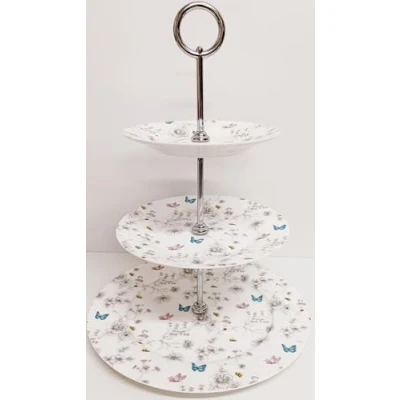 Image of Secret Garden Cake Stand 3 Tier Fine Bone China Flowers Butterflies and Bees Hand Decorated in UK