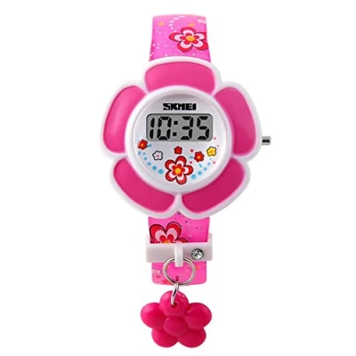 Image of SKMEI Girls Digital Watch Pink Purple Flower Pattern Watches with Date Calender LED Cute Cartoon Wristwatch for Little Girl Gift (Pink)