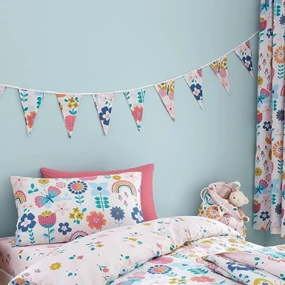 Image of Happy Linen Company Girls Boys Kids Flower Garden Butterflies Multicolour 3.1 Metre Double Sided Bedroom Bunting Banner Triangle Flags