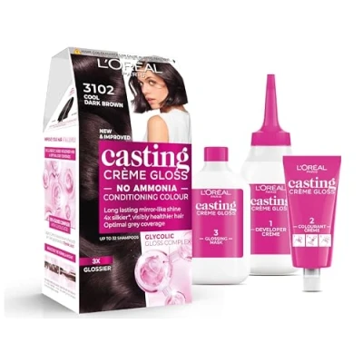 Image of L&#039;Oréal Paris Casting Crème Gloss Semi Permanent Hair Dye, Ammonia Free Formula &amp; Honey Infused Conditioner, Glossy Finish, Colour for Up to 28 Shampoos, Colour: 3102 Cool Dark Brown