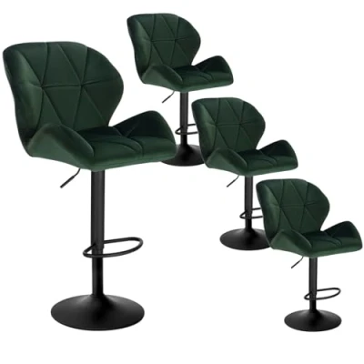 Image of WOLTU Bar Stools Dark Green Chairs High Dining for Kitchen Island Counter Set of 4 pcs Velvet Exterior/Adjustable Swivel Gas Lift/Steel Footrest &amp; Base in Black BH139dgn UK