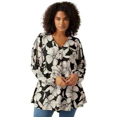 Image of EVANS Curve Contrast Floral Jersey Crepe Top Women&#039;s Plus Size Black