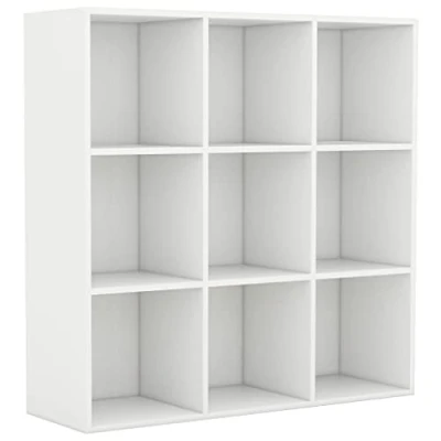 Image of vidaXL Book Cabinet in White Sturdy, Easy to Assemble Engineered Wood Bookshelf with 9 Compartments, Scandinavian Design for Living Room and Office