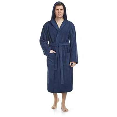 Image of Arus Men&#039;s bathrobe with hood, calf length, 100% cotton terry, man&#039;s size: L, unisex L XL, Navy Marine
