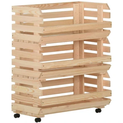 Image of vidaXL Solid Pinewood Vegetable Trolley Rustic Brown Kitchen Cart with Detachable Shelves and Rolling Casters 77x30x80 cm Organization Essential