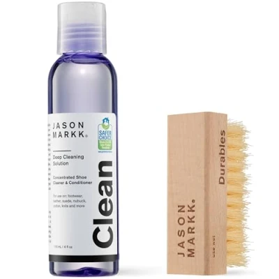 Image of Jason Markk Essential Kit 4 oz. Deep Cleaning Solution &amp; Durables Brush Cleans Conditions Leather, Suede, Canvas Shoes Safer Choice Certified and Biobased Cleaner for Stubborn Stains