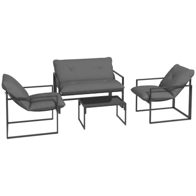 Image of Outsunny 4 Piece Garden Sofa Set 2 Single Armchair, Loveseat and Coffee Table Steel Frame Patio Furniture with Thick Cushions, Grey