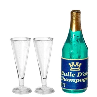 Image of Melody Jane Dolls House Champagne Bottle &amp; 2 Flutes Miniature Bar Pub Dining Room Accessory