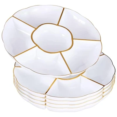 Image of MATANA 15 White 6 Compartment Plastic Trays with Gold Rim, 30cm Section Food Serving Platters for Party Snacks, Appetizers, Fruits, Nibbles, Condiments Sturdy &amp; Reusable