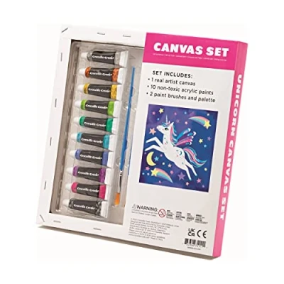 Image of Crocodile Creek Unicorn Canvas Painting Set for Kids Ages 6 Years and Up Acrylic Kit includes 10 Non Toxic Paints, 2 Paint Brushes, 1 Palette