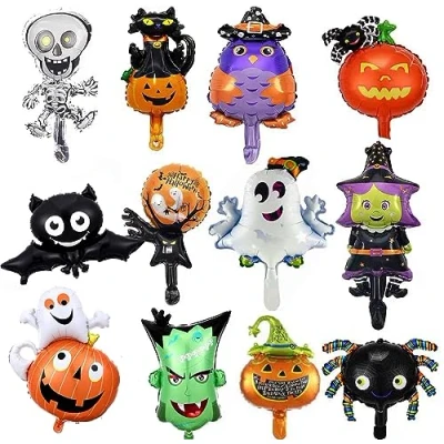 Image of 12PCS Mini Halloween Balloons Foil Decorations Party Helium Pumpkin Witch Skeleton Ghost Bat for Kids Decor