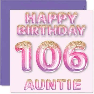 Image of 106th Birthday Card for Auntie Pink &amp; Purple Glitter Balloons Happy Cards 106 Year Old Aunt Aunty from Nephew Niece, 145mm x Bday Greeting Gift