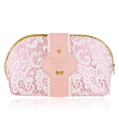 Image of accentra Romantic Dreams 3 Piece Gift Set for Women Bath with Cosmetic Bag, Shower Gel &amp; Mesh Sponge Wellness Girls Birthday Valentine&#039;s Day