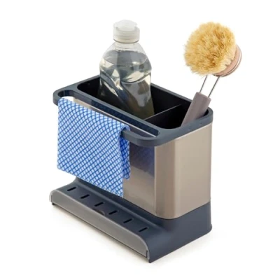 Image of simplywire Sink Tidy/Caddy Kitchen Organiser Removable Drip Tray Non Slip Grey and Stainless steel