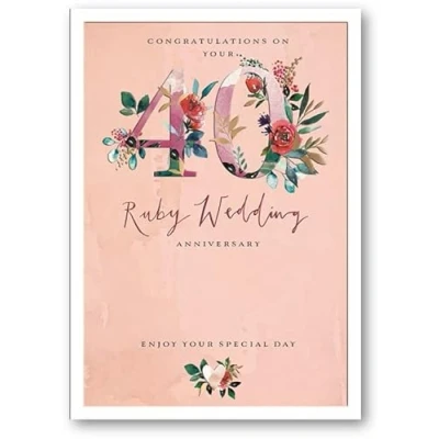 Image of Ling Design 40th Milestone Ruby Wedding Anniversary Card 40 Years Floral Wreath with Embossed Detail &amp; Gold Foil Eco Friendly