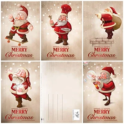 Image of Edition Colibri 11091 95 Funny Christmas Cards Set of 5 Santa Motifs / Designs x 3 = 15 Greeting (size: 5.8&quot; 4.1 &quot;) in Retro/Vintage Style