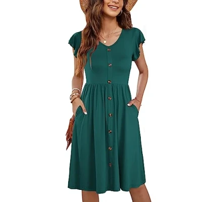 Image of MOLERANI Women Summer Dresses Ruffle Sleeve V Neck Casual Swing Elastic Waist Midi Dress with Pockets Dark Green L