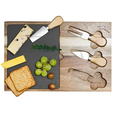 Image of LaDonna Cheese Board and Knife Set Charcuterie Boards for Serving Dishes Wooden Tray Gift Includes 2 Knives 1 Fork
