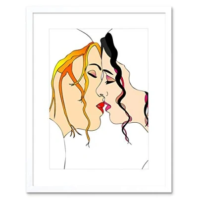 Image of Wee Blue Coo Kiss Women Illustration Lesbian Art Picture Framed Wall Print