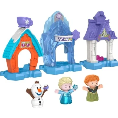 Image of Fisher Price Disney Frozen Snowflake Village Set Little People, 3 Connecting playsets with Anna, Elsa and Olaf Characters for Toddlers Kids