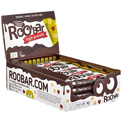 Image of Roobar Chocolate Covered High Protein Hazelnut Bar 100% Organic Vegan for Optimum Nutrition. Dairy &amp; Gluten Free, No Added Refined Sugar, 16 x 40g Bars