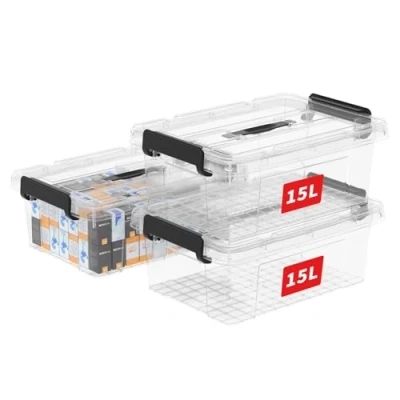 Image of Cetomo 15L*3 Storage Boxes, Carry Plastic Box with Lids, Organizing Container Handle and Secure Latching Buckles, Stackable, Nestable, Tote Bin for Home Office Clothes, 15L 3Pack, Clear